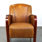 Luxe Rundleren Artdeco Design Armchair Met Houten Armleuningen En Goed Zitcomfort thumbnail 3