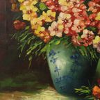 Groot Kleurrijk Bloemen Stilleven Schilderij Gesigneerd 60x50cm thumbnail 13