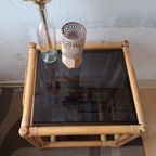 Rotan/Rieten Bijzettafeltje Met Gerookte Donker Glas In Zeer Mooie Staat thumbnail 3