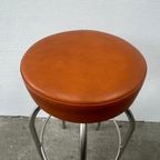 Vintage Stalen Barkruk - Skai Zitting, Rond, 3 Stuks, Oranje thumbnail 2