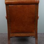 Statige Antieke Hollandse Fauteuil Met Leeuwenkoppen Opnieuw Bekleed Met Cognac Kleurig Rundleer thumbnail 5