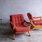 Pair Of Red Fabric And Wooden Club Chairs With Soft Lined Design. thumbnail 16