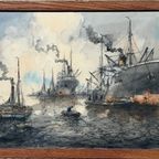 Wim Bos (1906-1974) "Gezicht Op De Haven". thumbnail 2