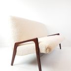 Vintage Bank Teddy Gestoffeerd Crème Stof Teak Hout thumbnail 2