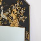 Mooie Zwart Gelakte Vintage Chinese Spiegel Met Prachtige Kleurrijke Tekeningen thumbnail 6
