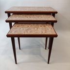 Mid Century Modern Set Of 3 Teak And Ceramic Nesting Tables, 1960S thumbnail 5