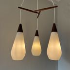 Midcentury Design Hanglamp – Teak, 3X Opaline Glas thumbnail 2