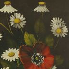 Bloemen Stilleven Schilderij Margrieten Klaproos Gesigneerd 47x38cm thumbnail 14