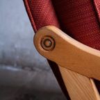 Pair Of Red Fabric And Wooden Club Chairs With Soft Lined Design. thumbnail 5