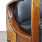 Unieke Cognac Kleurige Rundleren Artdeco Design Fauteuil Gecombineerd Met Hout thumbnail 10