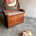 Antique Eastlake Victorian Carved Walnut Marble Top Dresser Chest Washstand With Mirror Vanity Bu thumbnail 16