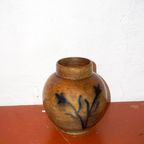 Stoneware Flower Vase * Vintage Brown Pottery Vase With Hand-Painted Blue Floral Design thumbnail 8