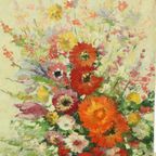Stilleven Bloemen Schilderij Doek Gouden Lijst Gesigneerd 1970 thumbnail 5