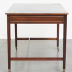 Geweldige Schrijftafel/ Bureau Op Wieltjes In Engelse Stijl Met Een Blauw Lederen Blad thumbnail 3