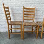 Vintage Massief Houten Stoelen 6 X - Vlecht, Biezen Zitting thumbnail 4