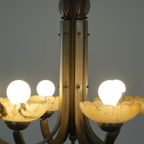 Luxe Antieke Messing Art Deco Kroonluchter Met Albasten Kuipjes Uit Begin 1900 thumbnail 9