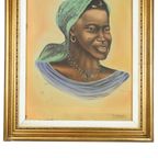 Authentiek Vintage Schilderij Portret Op Doek Vrouw Congo 1958 thumbnail 3