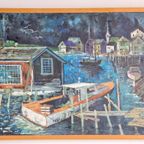 Vintage Schilderij Boot Havenzicht Op Doek ‘60 Mid Century thumbnail 6