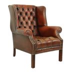 Oude Chesterfield Zetel Bruin Leder Wingchair Oorfauteuil thumbnail 3