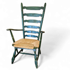 Vintage Transparent Green Wooden Arm Chair / Rush Seat / High Back Ladder Chair thumbnail 4