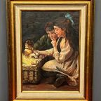 M. Vermeulen. Gesigneerd Schilderij "Kinderen Met Een Puppy". thumbnail 2