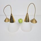 Set 2 Vintage Hanglamp Melkglas Messing Regency ‘70 Strak thumbnail 4