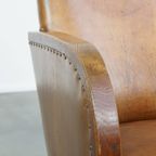 Unieke En Tijdloze Cognac-kleurige Schapenleren En Houten Art Deco Design Fauteuil thumbnail 10