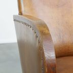 Unieke En Tijdloze Cognac-Kleurige Schapenleren En Houten Art Deco Design Fauteuil thumbnail 11