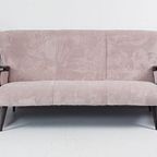 Vintage Fauteuils + Bank | Bankstel Roze Ribstof Nieuw Teak thumbnail 15