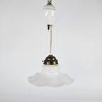 Art Deco - Opaline - Messing - Hanglamp - Pendellamp Met Katrol - 1E Kwart 20E Eeuw thumbnail 2