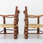 Set Of Oak And Rush Bobbin Armchairs Attributed To Charles Dudouyt, 1940S thumbnail 7