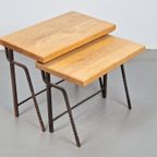 2 Brutalist Bijzettafel Nesting Tables Mimiset Eiken Metaal thumbnail 5