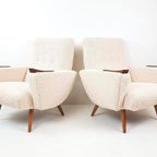 2 Vintage Fauteuils Nieuw Gestoffeerd Teddy Teak Hout thumbnail 2