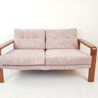 Vintage Teakhouten Bank Licht Roze Ribstof | Roze Bank Hout thumbnail 9