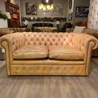 Stoere Oude Antieke / Vintage Chesterfield 2 Zits Bank Cognac Camel thumbnail 2