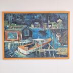 Vintage Schilderij Boot Havenzicht Op Doek ‘60 Mid Century thumbnail 5