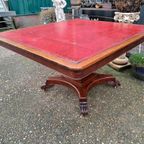 Antieke Vergadertaf Eettafel, Kaarttafel Met Ingelegde Leer, thumbnail 5