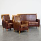 Geweldige Complete Set Schapenleren Art Deco Design 2 Zits Bank En 2 Fauteuils thumbnail 2