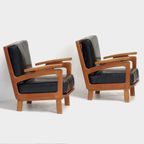 Vintage Lounge Fauteuils Met Eiken Frame En Zwart Leer, 1960s thumbnail 5