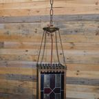 Antieke Hanglamp Koper Met Glas In Lood Opknapper thumbnail 6