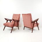 Vintage Fauteuils Teakhout | Roze Rib Stof Nieuw Setprijs thumbnail 6