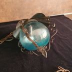 Vintage - Hanglamp - Plafondlamp - Blauw Glas - Metaal En Glas. thumbnail 6