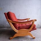 Pair Of Red Fabric And Wooden Club Chairs With Soft Lined Design. thumbnail 13