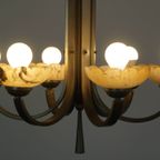 Luxe Antieke Messing Art Deco Kroonluchter Met Albasten Kuipjes Uit Begin 1900 thumbnail 5