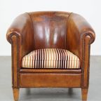 Karaktervolle, Vintage Cognac-Kleurige Clubfauteuil Gemaakt Van Schapenleer thumbnail 3