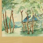 Aquarel José Wolff Kunst Schilderij Houten Barok Stijl Lijst 1924 thumbnail 4