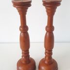 * 2 Vintage Kandelaar Oude Houten Kandelaars thumbnail 5