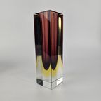 Vintage Glazen Vaas, Facet Geslepen, Rechthoekig. Roze, Geel En Kleurloos Murano Glas. Sommerso Vaas thumbnail 5