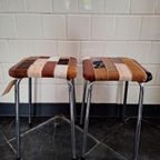 Vintage Ronde Metalen Kruk Met Lederen Patchwork Bekleding thumbnail 10