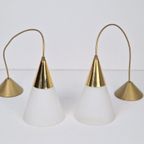 Set 2 Vintage Hanglamp Melkglas Messing Regency ‘70 Strak thumbnail 7